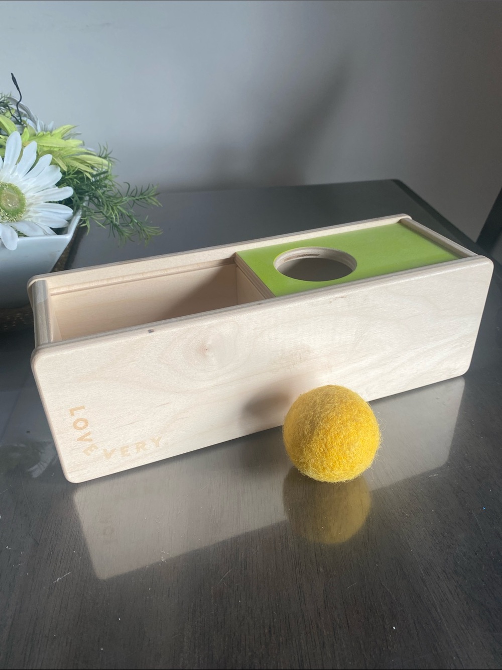 Lovevery Wooden Sliding Top Box and Wool Ball early learning